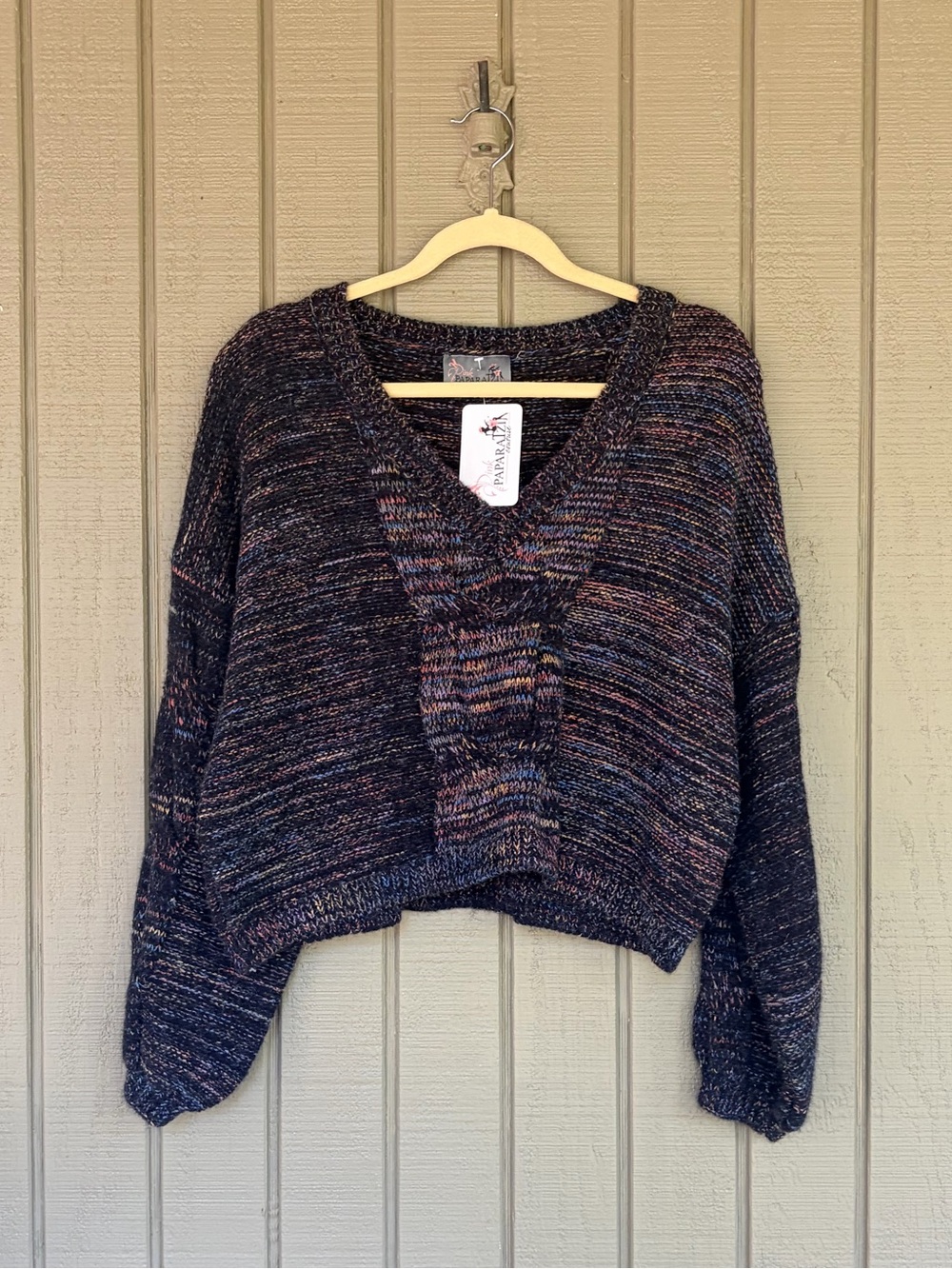 Pink Paparatzi Confetti Cable Knit Cropped Sweater Small V Neck Black NWT
